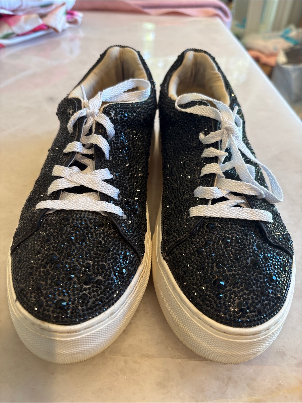 Betsey Johnson Black Sequin Platform Sneakers with White Laces
